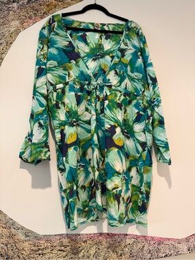 Islander Teal, Green & Navy Floral V-Neck Tunic Dress Cotton Cover-up XL